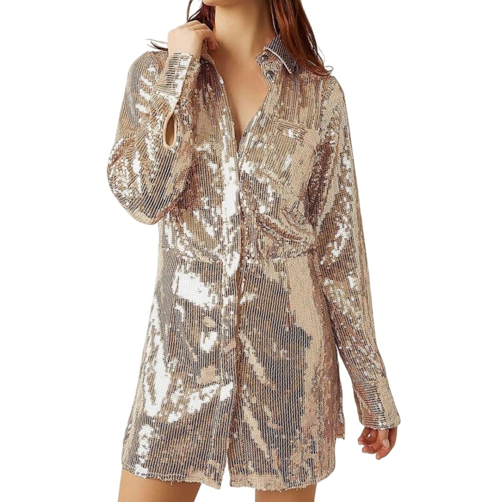 Free People Gold Sequin Mini Dress Shirt Dress M‎ Long Sleeve New Without Tags